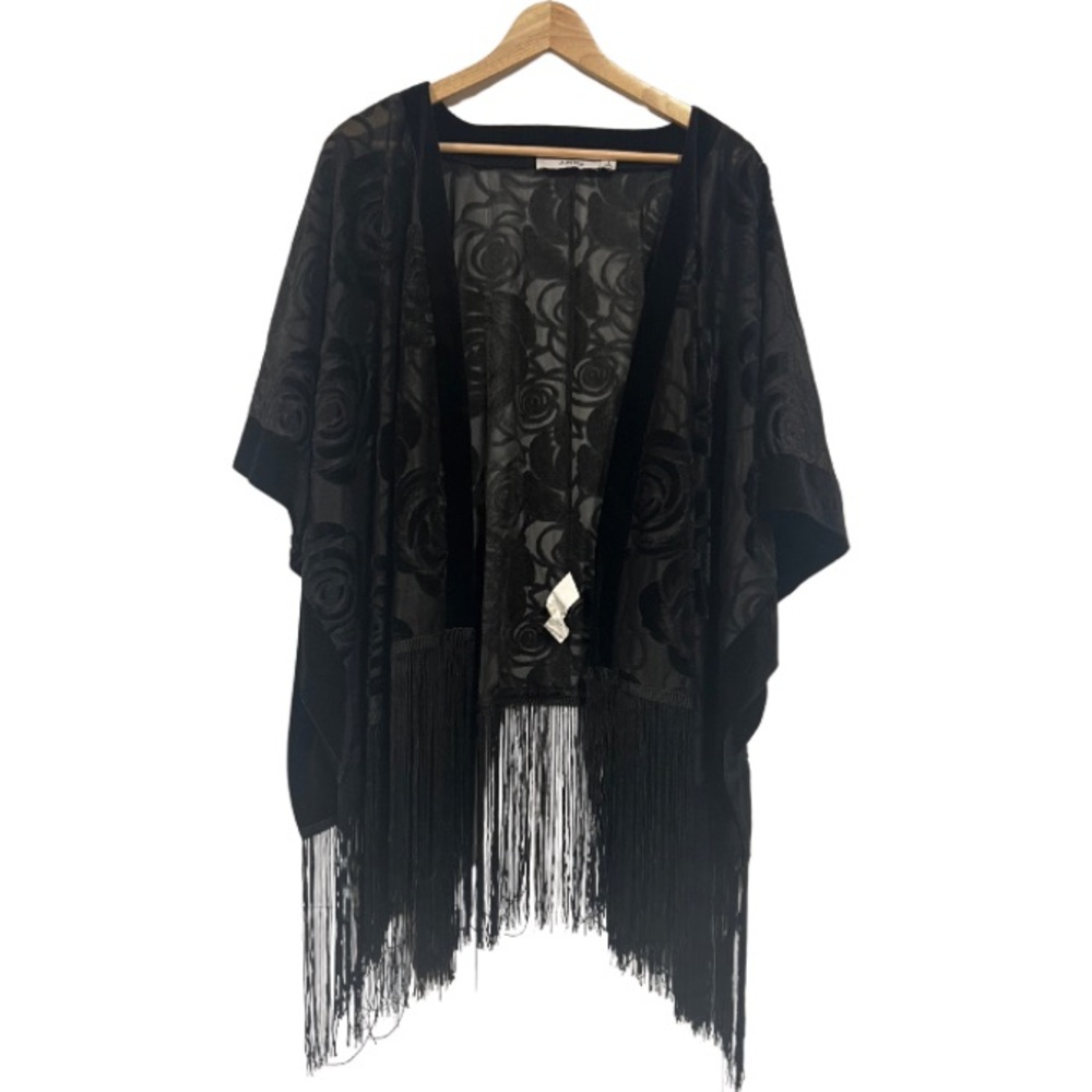 JustFab Black Floral Fringe Kimono